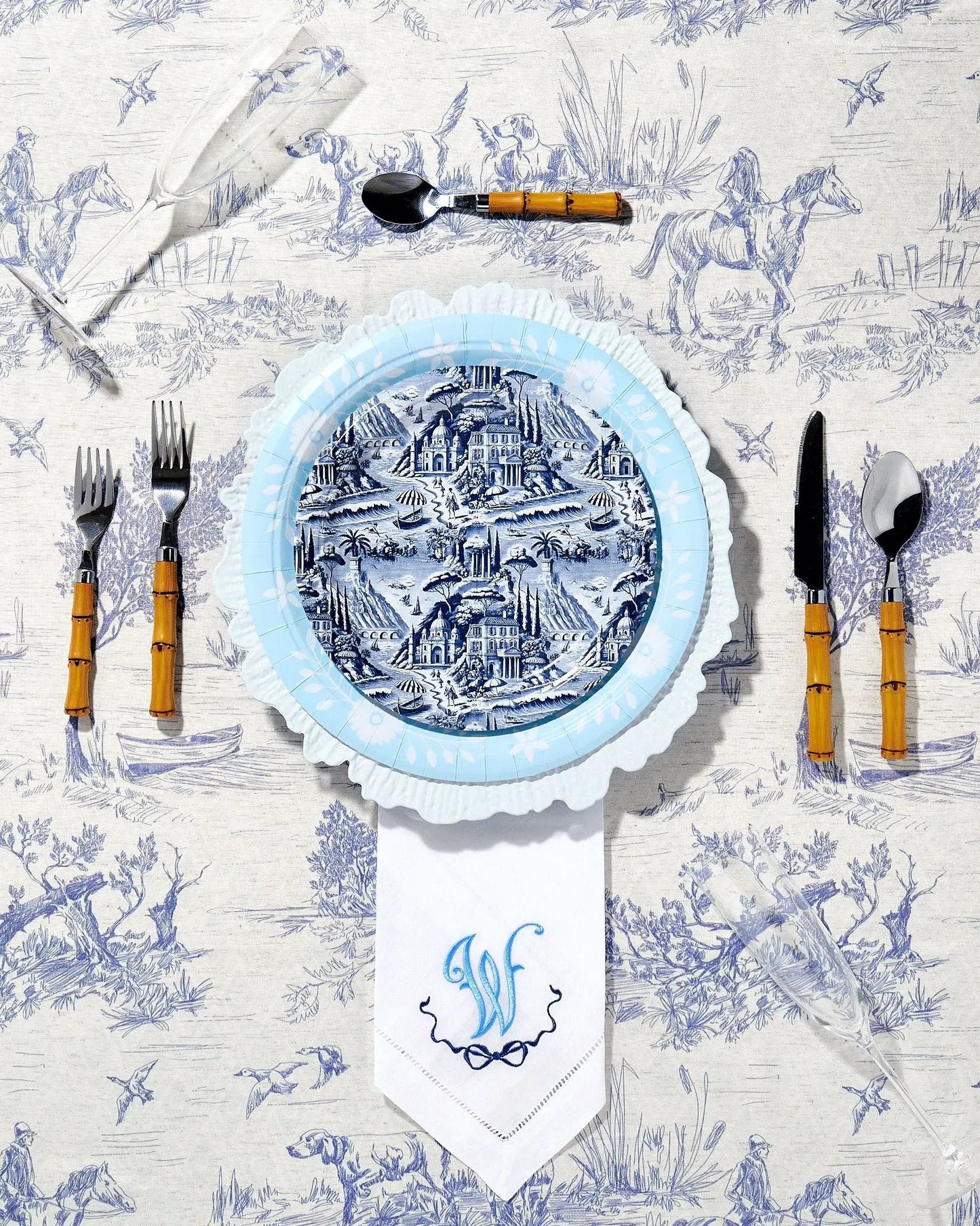 Navy Amalfi Toile dessert plates, 8-pack, blue toile pattern with pale blue rim on Tampa Home & Garden Store