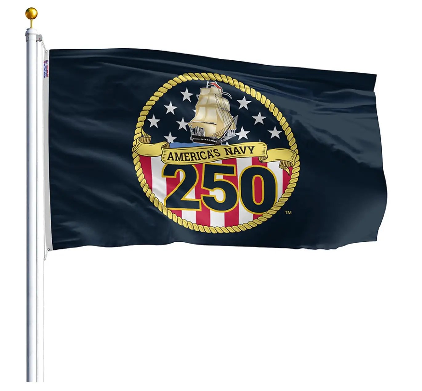 Navy 250th Anniversary Flag 3x5 on navy field with golden rope seal ship by Flagman on Tampa Home & Garden Store