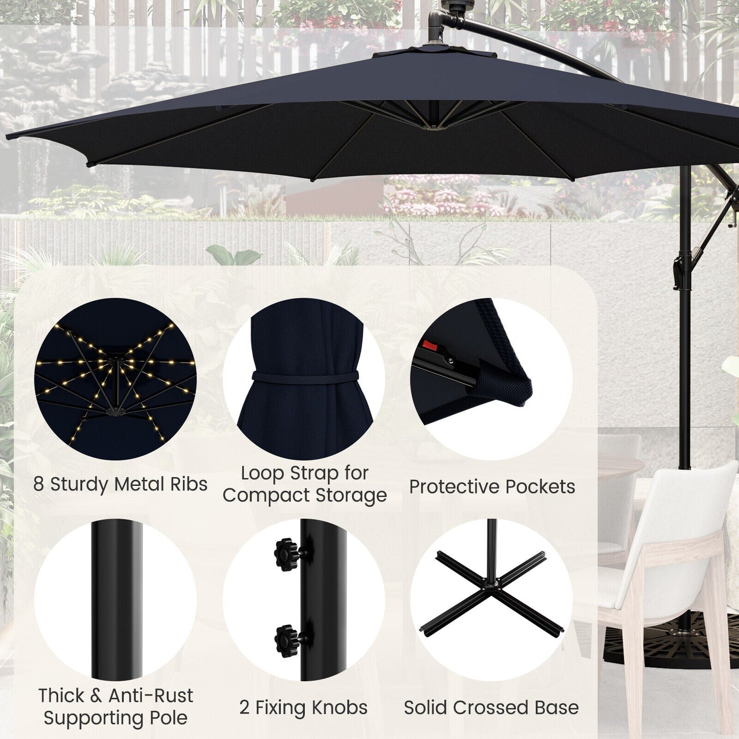 10 Feet Patio Offset Umbrella with 112 Solar-Powered LED Lights-Beige-Navy