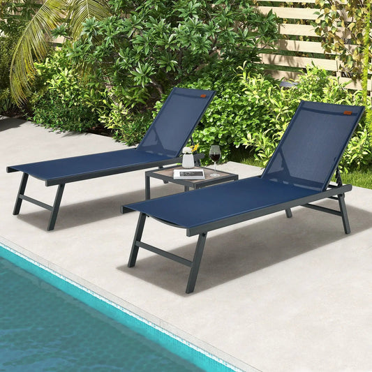 3-Piece Patio Chaise Lounge Chair and Table Set with 2 navy loungers and table DirectDeals on Tampa Home & Garden Store