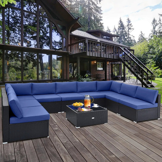 10-piece outdoor wicker conversation set with blue cushions for deck on Tampa Home & Garden Store