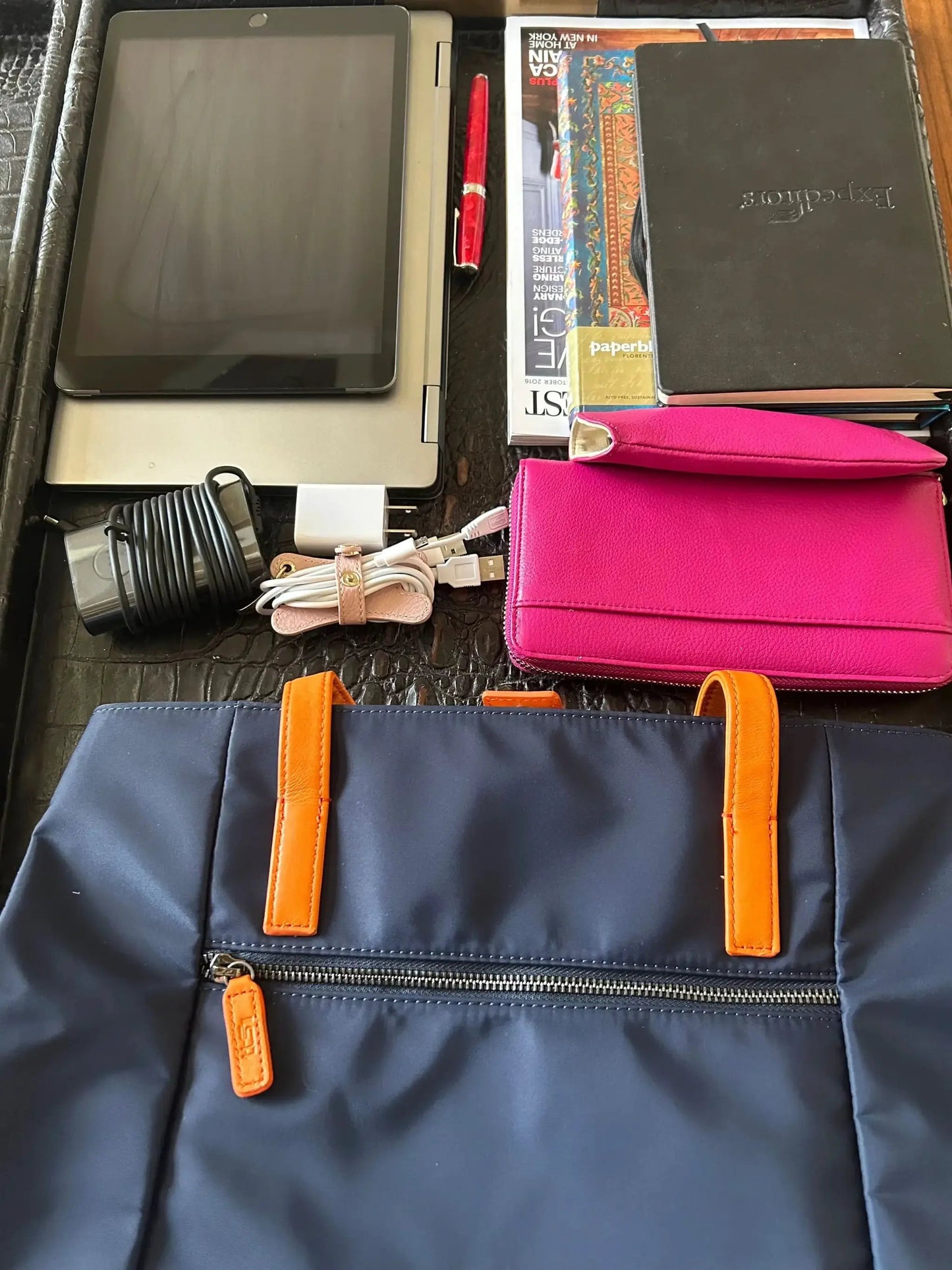 Professional Women's Nylon Laptop Tote by MiamiLeathers in navy; tablet and pink wallet inside on Tampa Home & Garden Store