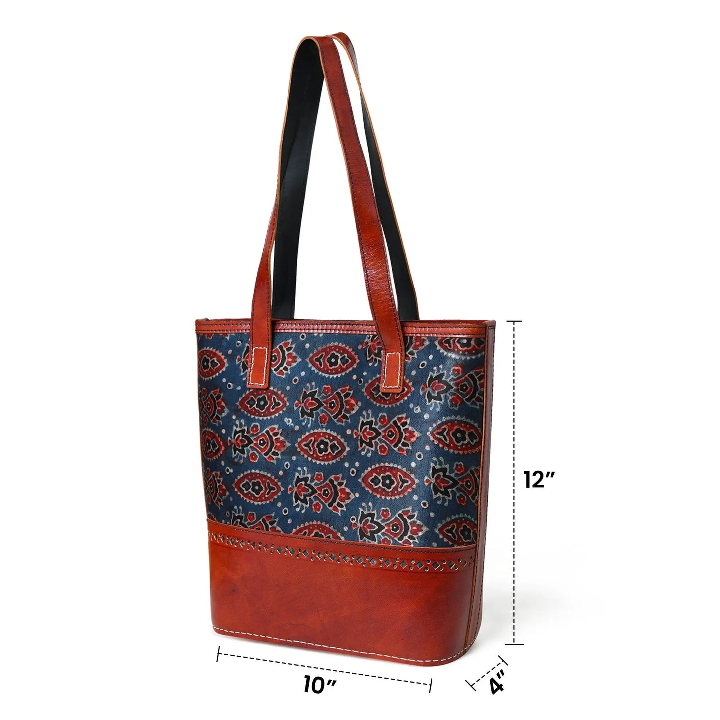 Neela Ajrakh leather tote bag handcrafted with blue patterned fabric and red leather trim on Tampa Home & Garden Store