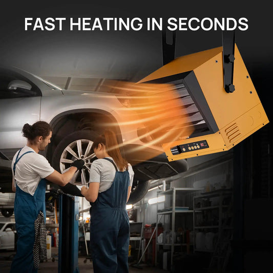 GH10K & GH15K garage heater with WiFi yellow TURBRO unit being installed in auto shop on Tampa Home & Garden Store