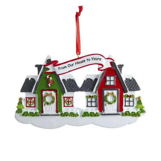 Personalizable Neighbor Ornament featuring green and red snow houses with wreaths on Tampa Home & Garden Store