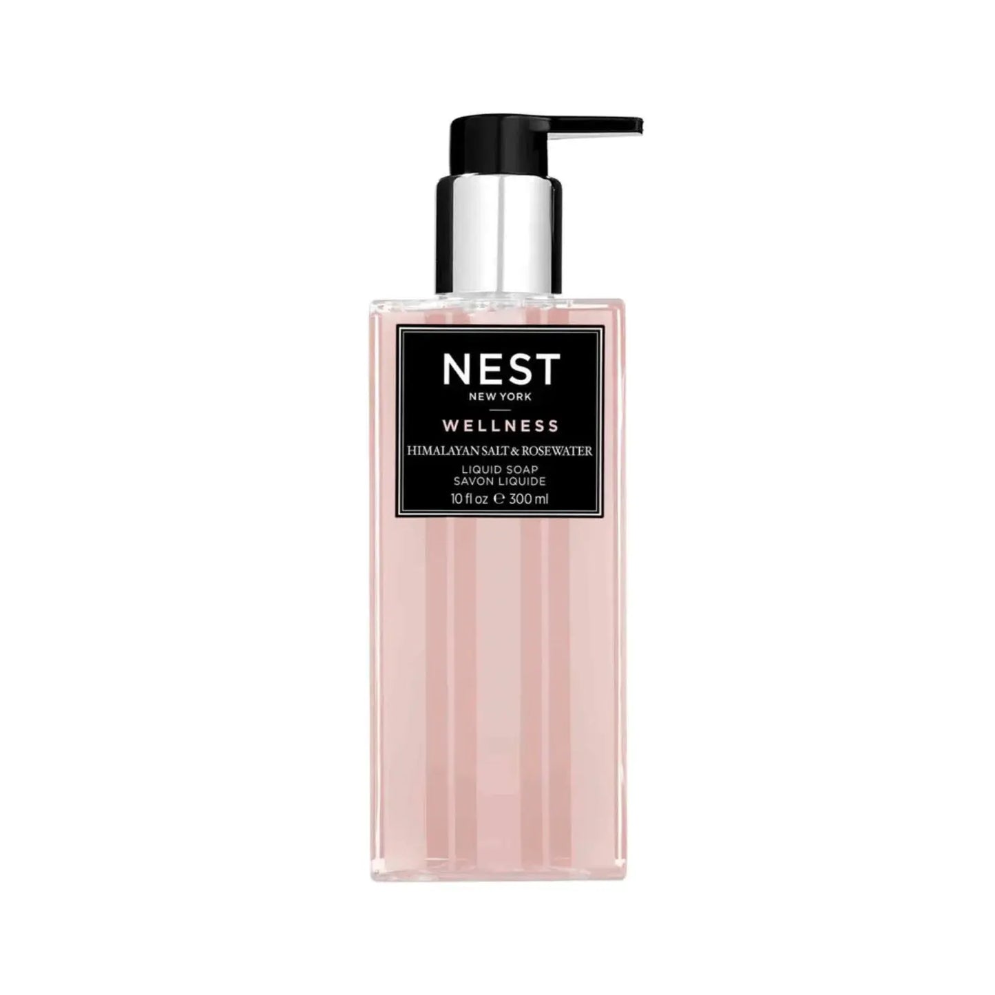 Nest New York Himalayan Salt & Rosewater liquid soap in a pink ribbed bottle with pump on Tampa Home & Garden Store
