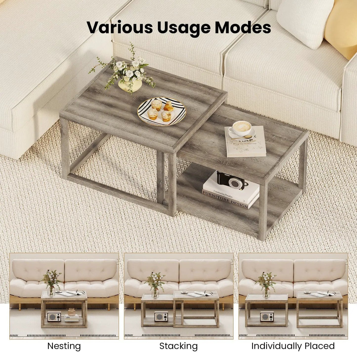 Nesting coffee tables set of 2 in gray wood, rectangular and stackable, in living room on Tampa Home & Garden Store