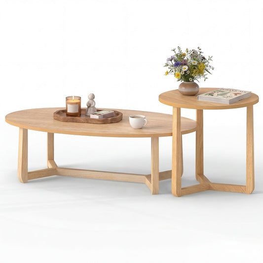 Nesting coffee tables set of 2 with wood veneer top and solid rubber wood legs in light oak on Tampa Home & Garden Store