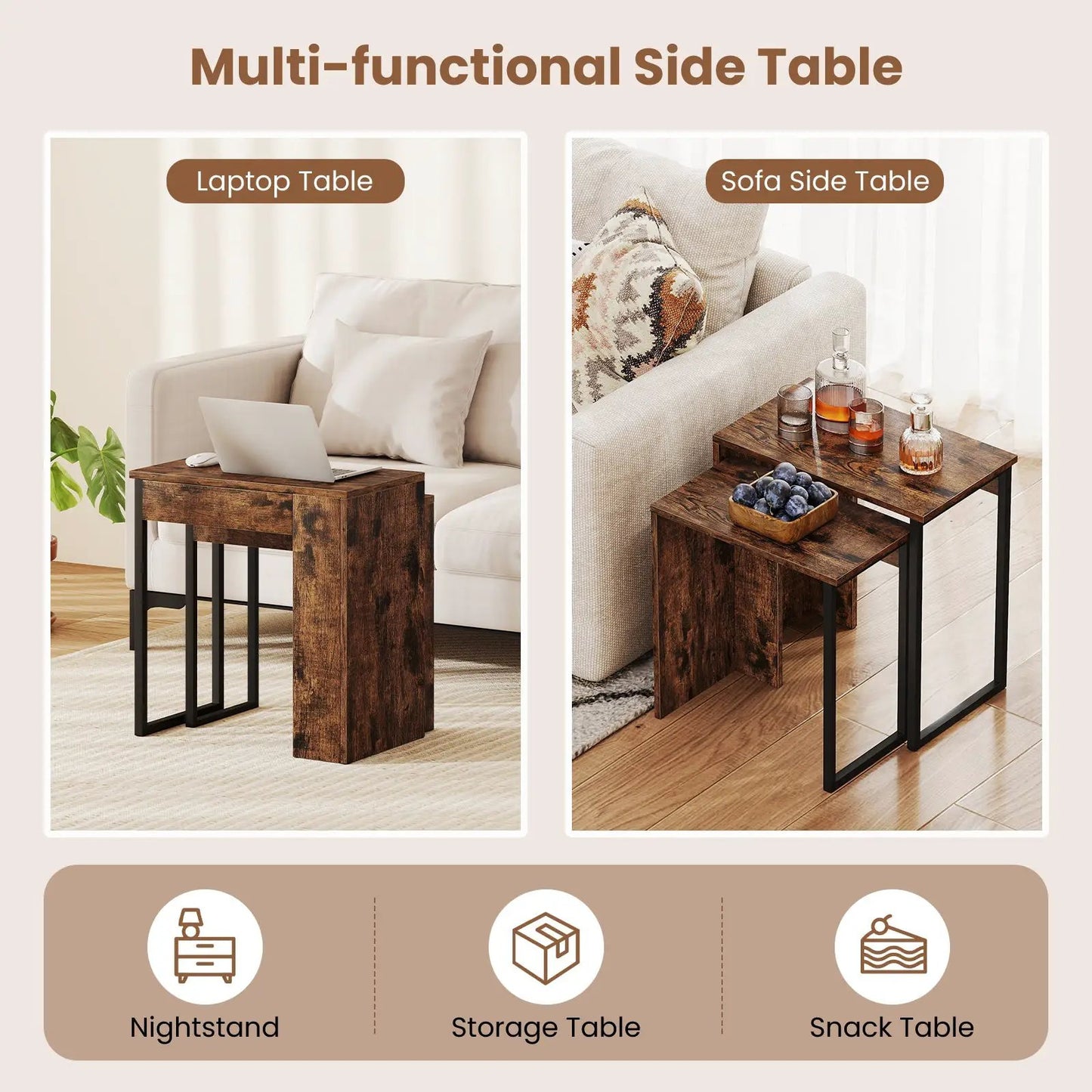 2-in-1 Nesting Coffee Table Set by DirectDeals in rustic brown wood with black metal legs, set on Tampa Home & Garden Store