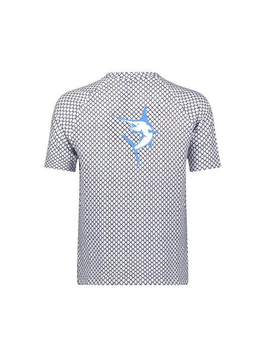 Net Performance Short Sleeve by White Water Life with navy net pattern and blue marlin logo on Tampa Home & Garden Store