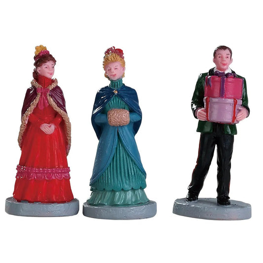Holiday Hats 3 Piece Set Christmas Village figurines red gown green suit with gifts on Tampa Home & Garden Store