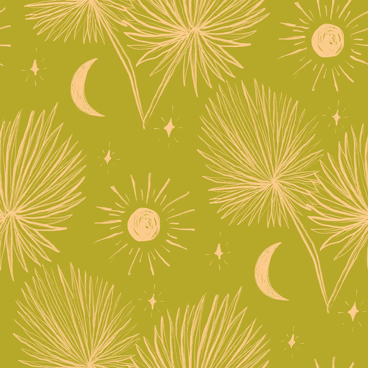 Night Palm wallpaper in chartreuse and peach by Samantha Santana Creative on Tampa Home & Garden Store