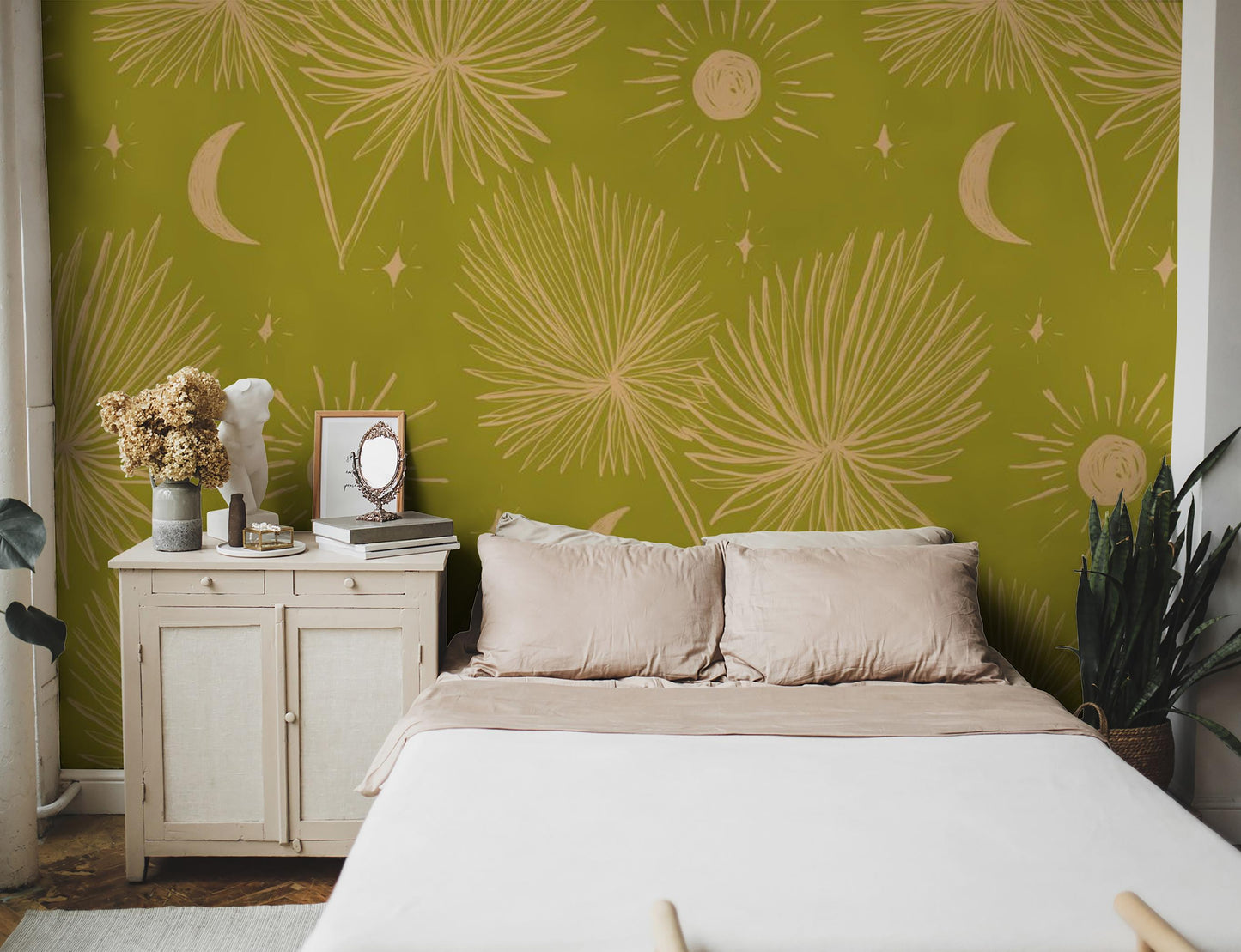 Night Palm Wallpaper, chartreuse & peach - Tampa Home & Garden Store
