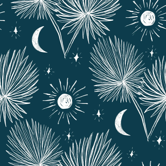 Night Palm wallpaper navy and white pattern with palm fronds and moon on Tampa Home & Garden Store