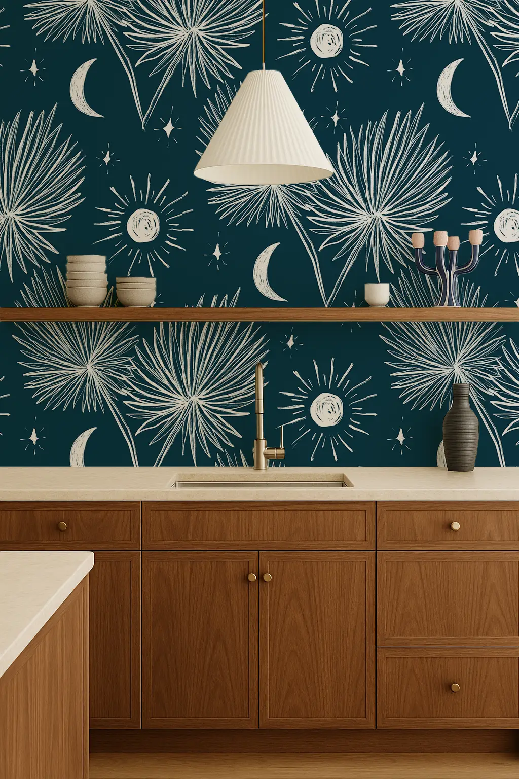 Night Palm Wallpaper Navy and White with white palm leaf pattern on navy background in kitchen on Tampa Home & Garden Store