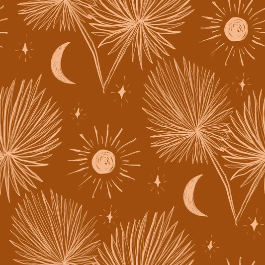 Night Palm Wallpaper in rust and peach with palm leaf motif by Samantha Santana Creative on Tampa Home & Garden Store
