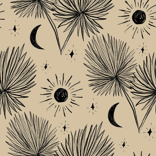 Night Palm wallpaper tan with black palm fronds and stars pattern Samantha Santana Creative on Tampa Home & Garden Store