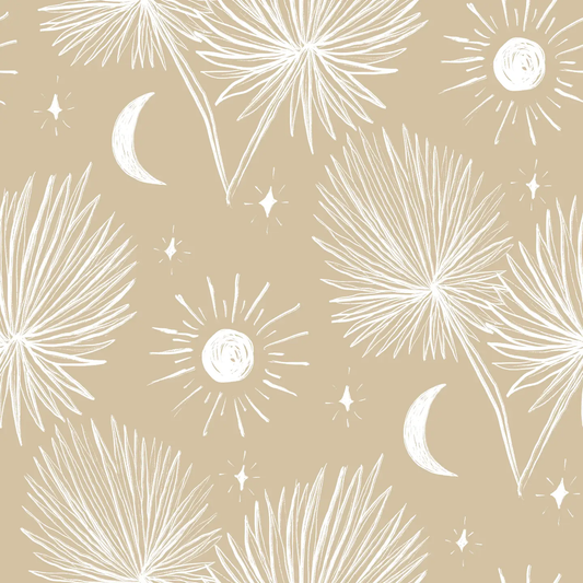 Night Palm wallpaper tan and white removable featuring palm leaves, crescent moons and stars on Tampa Home & Garden Store