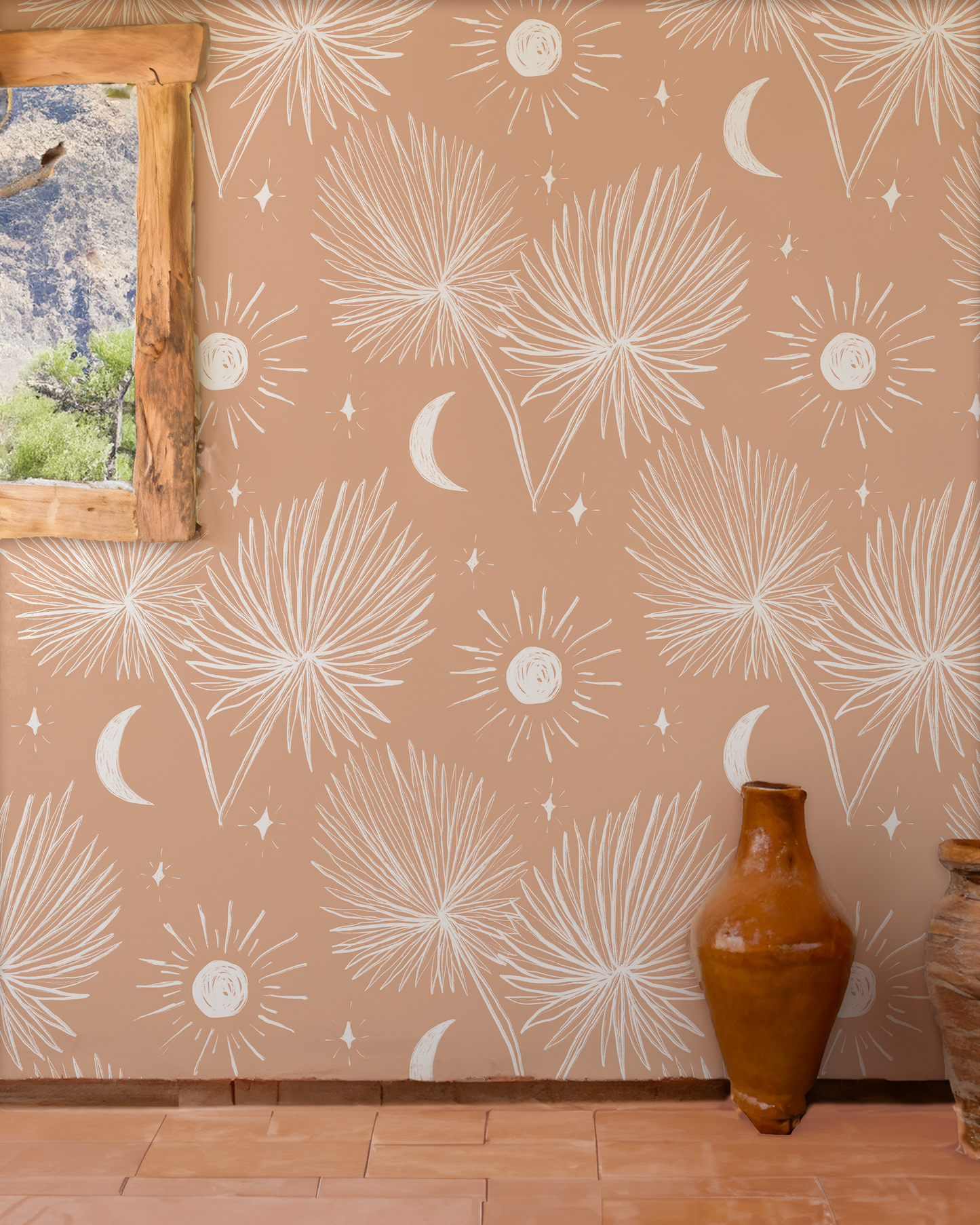 Night Palm Wallpaper, terra cotta and white - Tampa Home & Garden Store