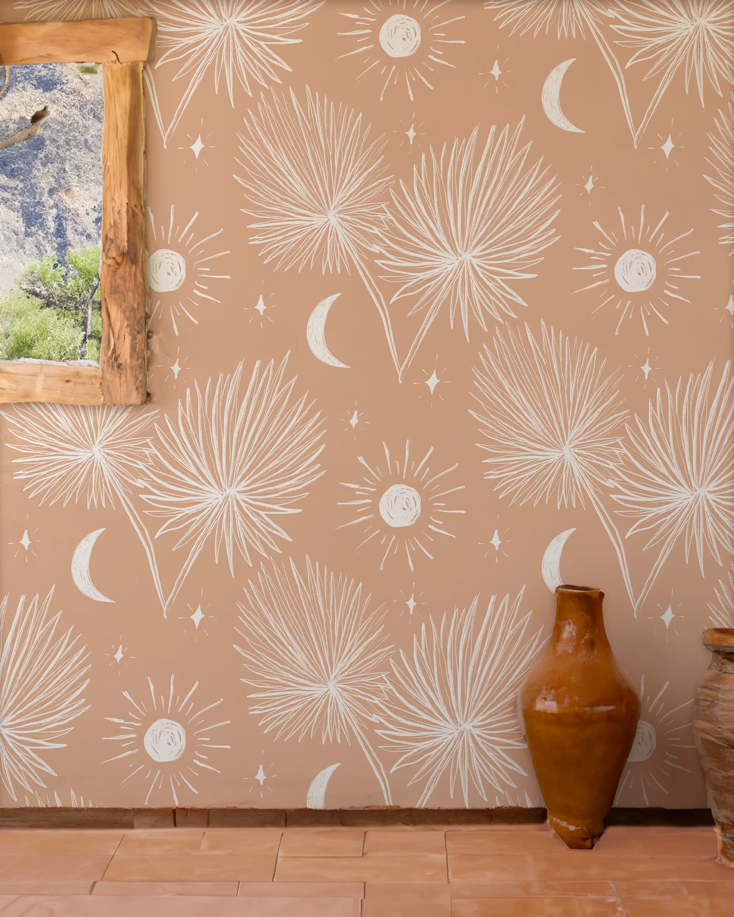 Night Palm Wallpaper Terra Cotta and White with palm bursts and moon accents on tan backdrop on Tampa Home & Garden Store