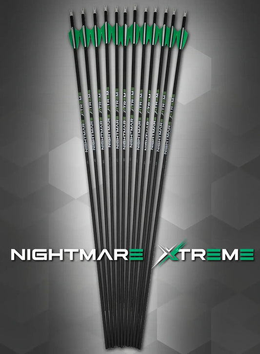 Nightmare Xtreme arrows 12-pack with black shafts and green fletching on Tampa Home & Garden Store