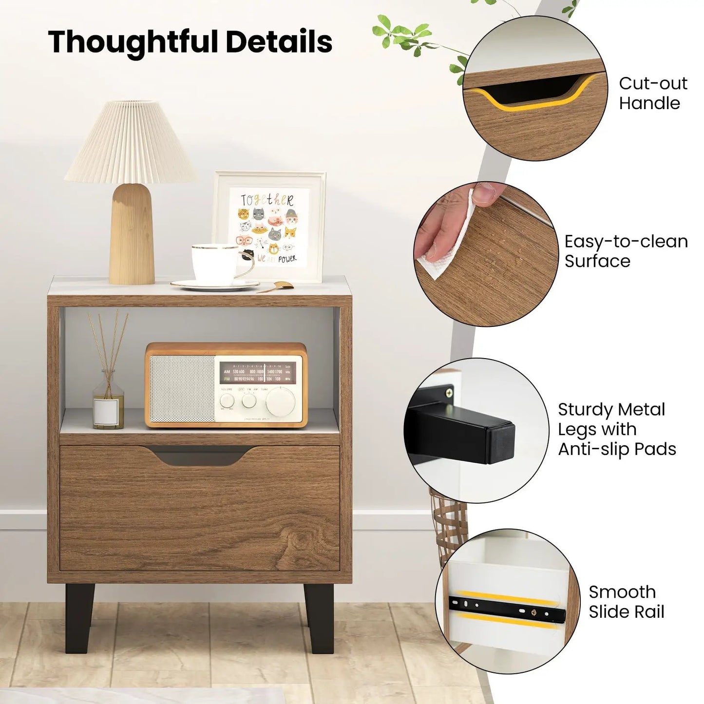 Nightstand Set of 2 with Drawer and Open Storage Shelf for Bedroom-White - Tampa Home & Garden Store