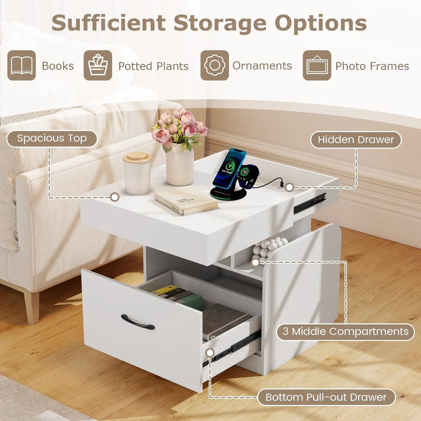 White nightstand with charging station, 3 compartments and bottom pull-out drawer DirectDeals on Tampa Home & Garden Store