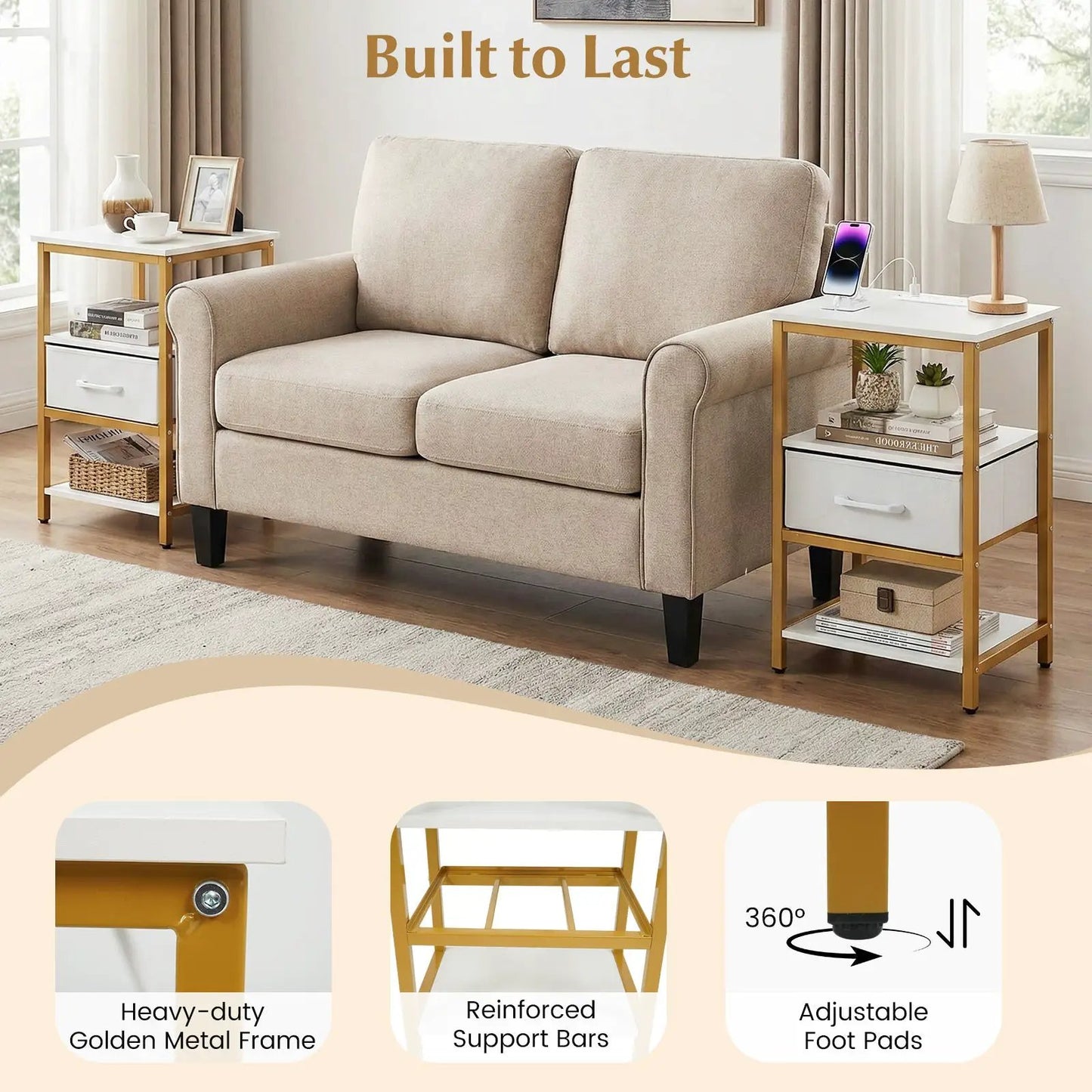 Pair of nightstands with charging station and drawer, gold metal frame, DirectDeals on Tampa Home & Garden Store
