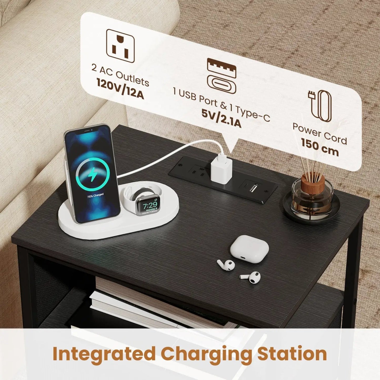 Nightstand with Charging Station Fabric Drawer