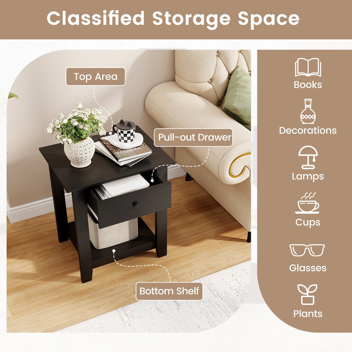 Nightstand with Drawer 3-Tier Bedside Table DirectDeals black wood with bottom shelf beside sofa on Tampa Home & Garden Store