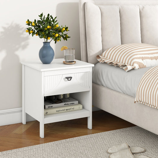 2-tier Wood Nightstand with Drawer and Open Storage Shelf for Bedroom-White - Tampa Home & Garden Store