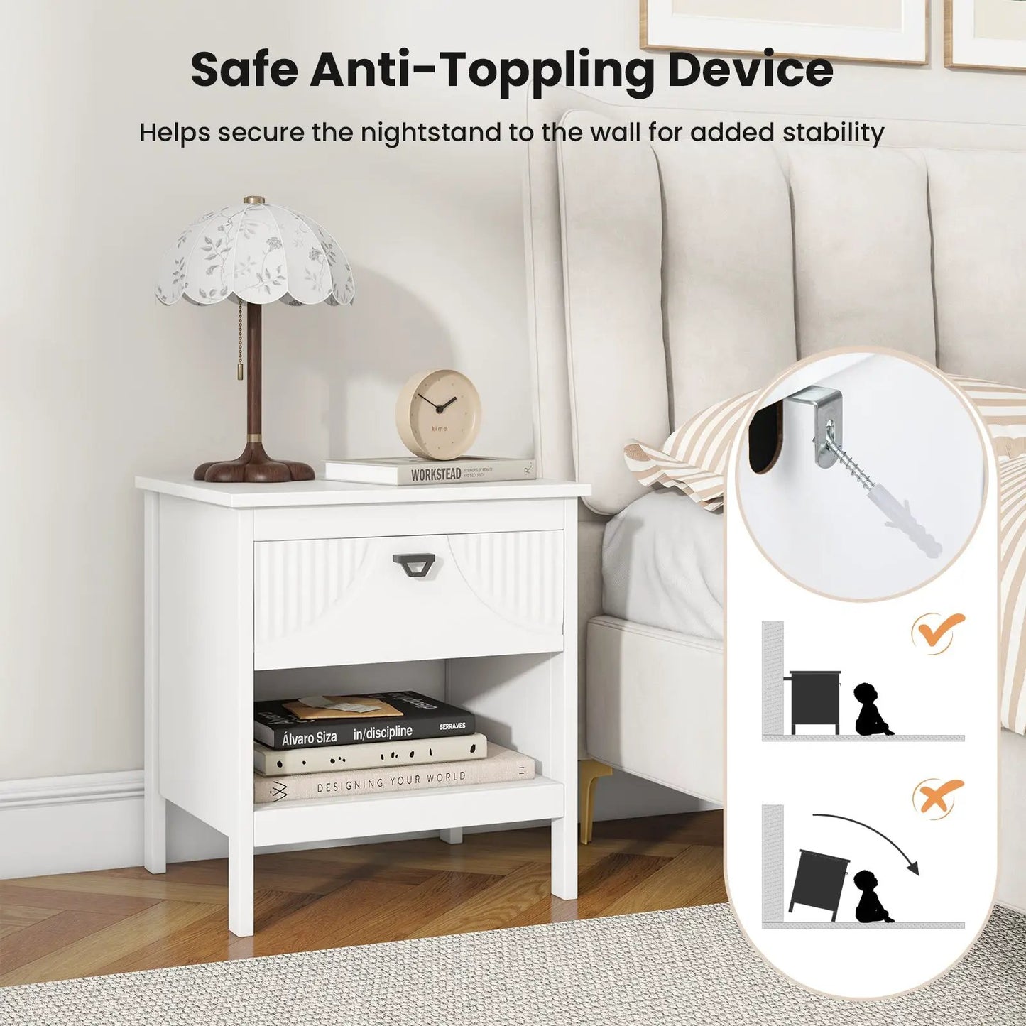 2-tier Wood Nightstand with Drawer and Open Storage Shelf for Bedroom-White - Tampa Home & Garden Store