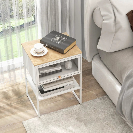 Nightstand with flip-up door storage shelf, white frame and natural wood top by DirectDeals on Tampa Home & Garden Store