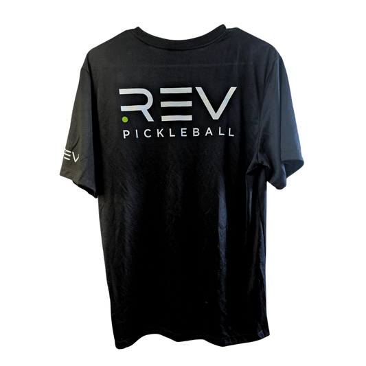 REV Pickleball tee with bold white front logo on black fabric, short sleeves on Tampa Home & Garden Store