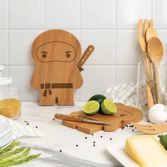 Ninja Board cutting board and knife set by OTOTO DESIGN, wooden ninja figure, natural finish on Tampa Home & Garden Store