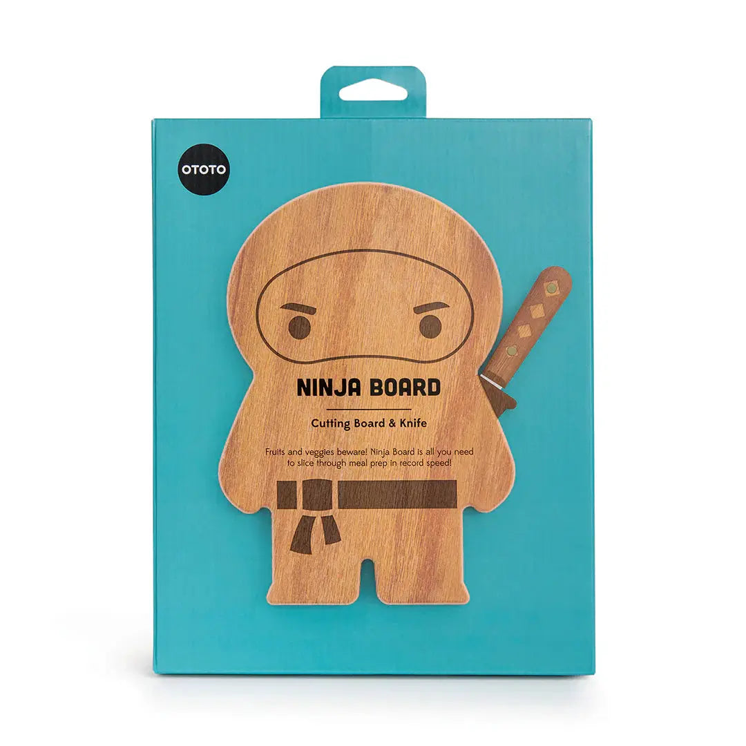 Ninja Board Cutting Board & Knife by OTOTO DESIGN wooden ninja-shaped board on teal box on Tampa Home & Garden Store