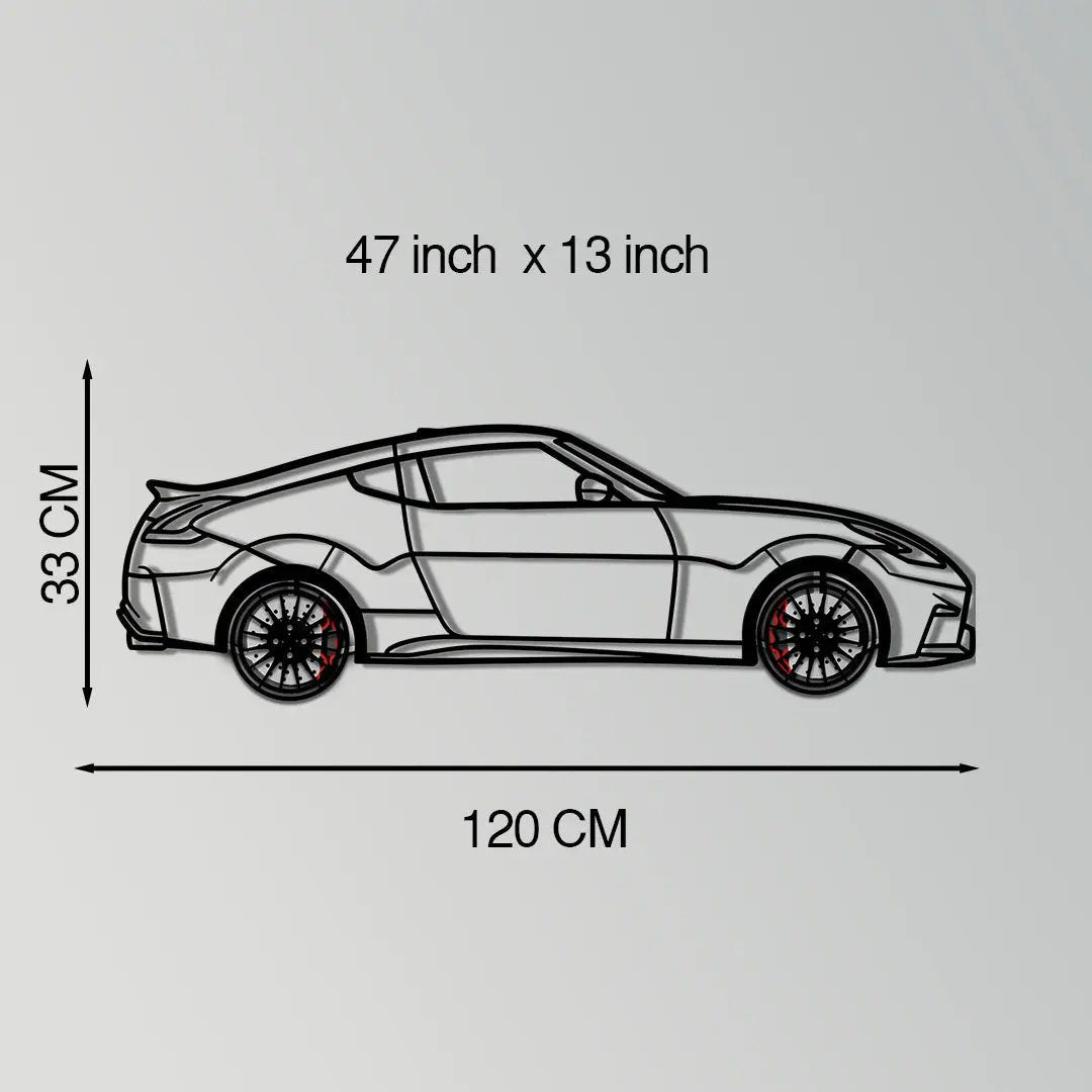 Nissan 350Z metal wall art silhouette with rotating wheels, 47in by 13in, Enova Art on Tampa Home & Garden Store