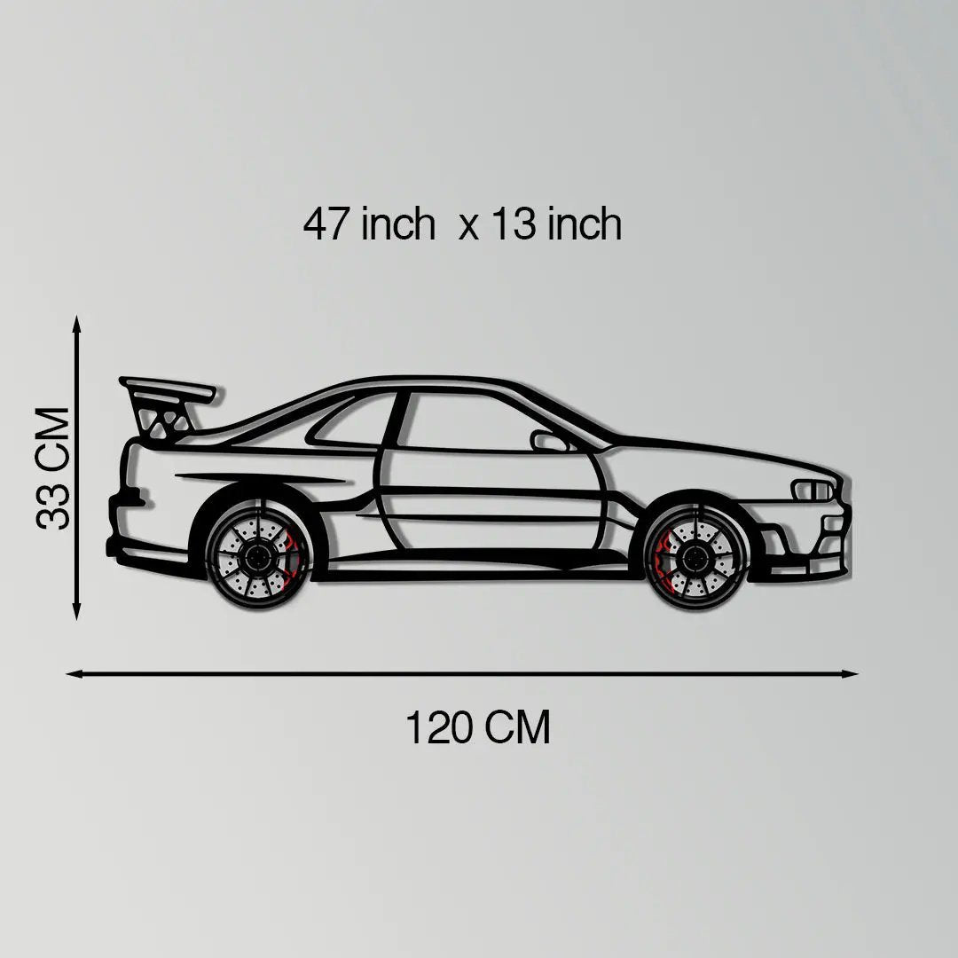 Nissan Skyline GT-R R34 metal wall art in black line art with rotating wheels on Tampa Home & Garden Store