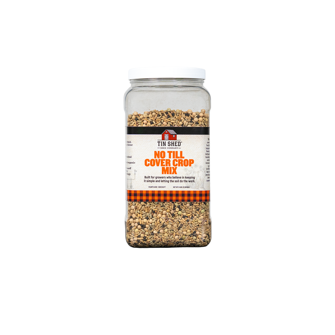 No Till Cover Crop Mix 5 lb Tin Shed Seed Company jar covers 4,500–6,000 sq ft on Tampa Home & Garden Store