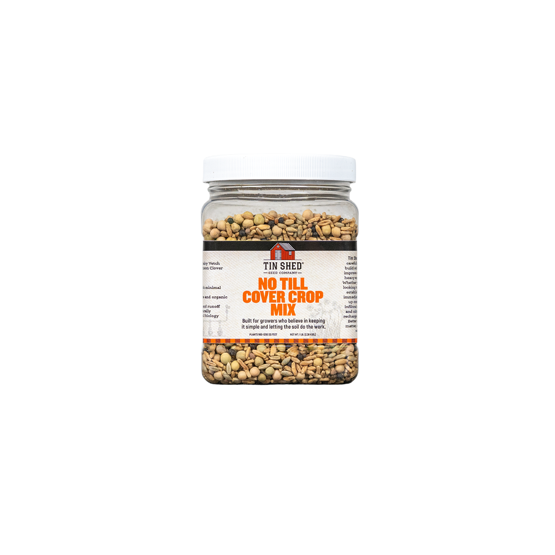 No Till Cover Crop Mix 1 lb seed jar by Tin Shed Seed Company, covers 900–1,200 sq ft on Tampa Home & Garden Store