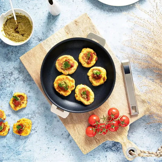 Non-Stick Frying Pan With Detachable Handle black skillet, bite-sized pastries on Tampa Home & Garden Store