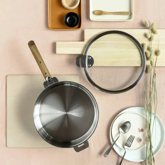 Non Stick Saute Pan with Detachable Handle, stainless steel with wood handle and glass lid on Tampa Home & Garden Store