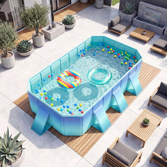 Portable above-ground swimming pool with 24 light-blue wall panels on a modern patio with colorful floats on Tampa Home & Garden Store