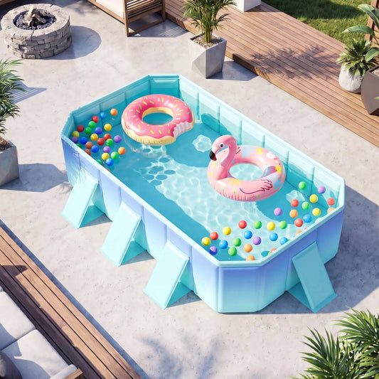 Portable above-ground pool with 8 support panels in aqua DirectDeals Flamingo and Donut floats on Tampa Home & Garden Store