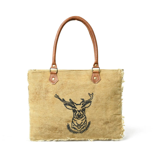 Nordic Charm Canvas Tote Bag with Leather Handles leather deer motif by Classy Leather Bags on Tampa Home & Garden Store