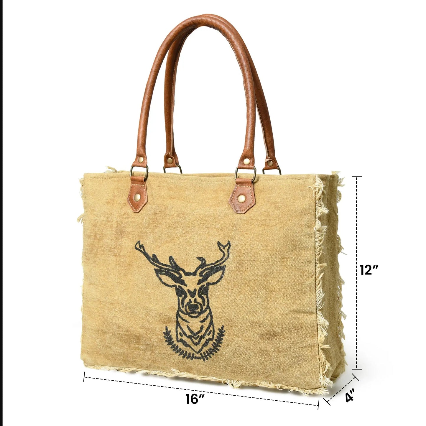 Nordic Charm canvas tote bag with brown leather handles and deer graphic on Tampa Home & Garden Store