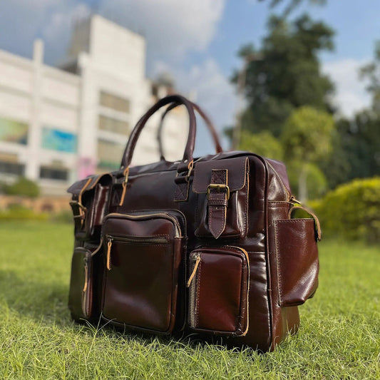Norman Cherry Red Buffalo Leather Briefcase with front zip pockets on Tampa Home & Garden Store