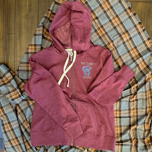 Not Today Heifer Highland Coo zipper hoodie maroon heather with embroidered cow graphic on Tampa Home & Garden Store
