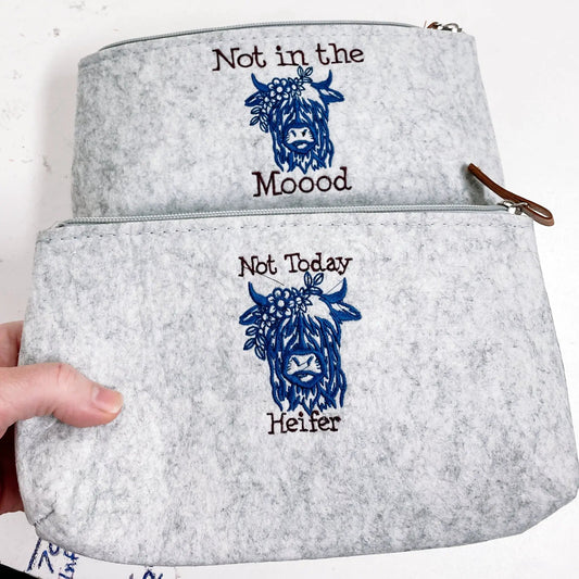 Not in the Mooood Highland Cow Felt Zipper Pouch, gray felt with blue Highland cow graphic on Tampa Home & Garden Store