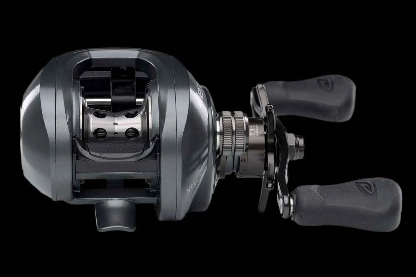 Novus Elite casting reel baitcasting by Denali, gray metallic body with dual handles on Tampa Home & Garden Store